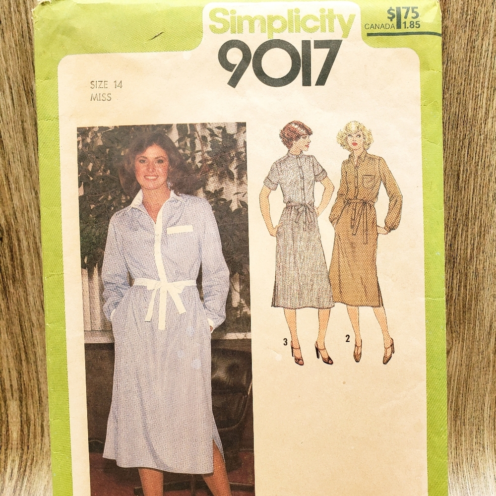 1979 Simplicity 9017 Misses Shirtdress Tie Belt Sewing Pattern Sz 14 Women Uncut